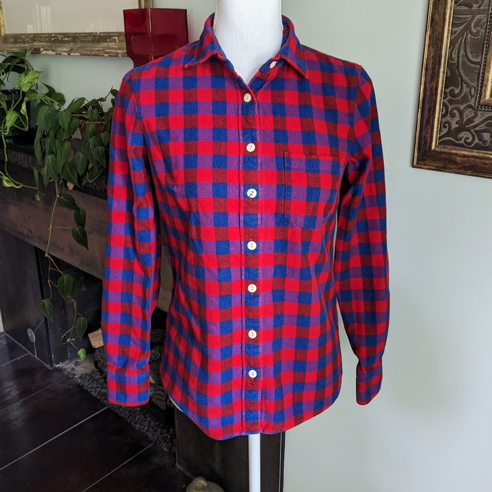 J.Crew Womens 00 Boy Flannel Shirt Red & Blue Plaid ButtonUp Long Sleeve Top 130